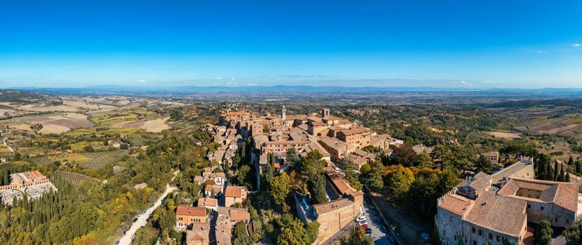 Village of Montepulciano with wonderful architecture and houses. A beautiful old town in Tuscany, Italy. Aerial view of the medieval town of Montepulciano, Italy