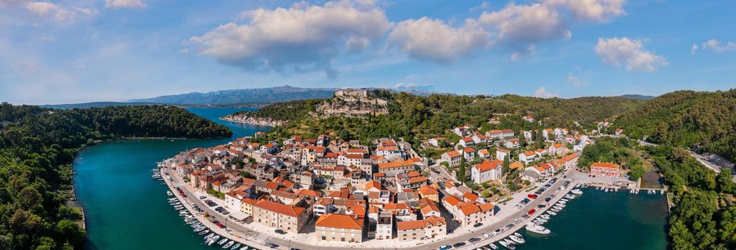 Novigrad Dalmatinski bay panoramic view, Dalmatia, Croatia. Novigrad Dalmatinski bay panoramic aerial view, Dalmatia archipelago of Croatia