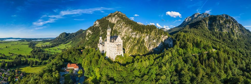 Famous Neuschwanstein Castle with scenic mountain landscape near Fussen, Bavaria, Germany. Neuschwanstein Castle in Hohenschwangau, Germany. 