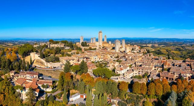 Town of San Gimignano, Tuscany, Italy with its famous medieval towers. Aerial view of the medieval village of San Gimignano, a Unesco World Heritage Site. Italy, Tuscany, Val d'Elsa.