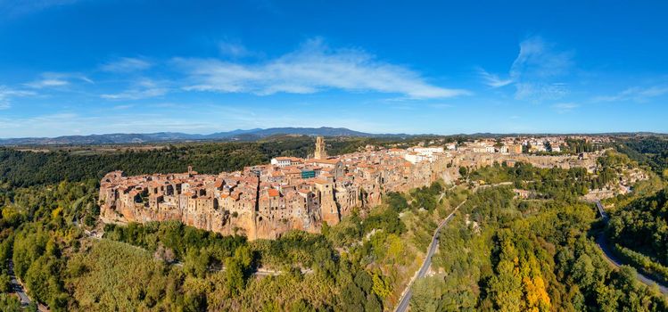 Medieval Pitigliano town over tuff rocks in province of Grosseto, Tuscany, Italy. Pitigliano is a small medieval town in southern Tuscany, Italy.