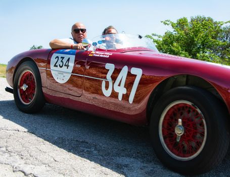 URBINO - ITALY - JUN 16 - 2022 : ERMINI GILCO 1100 MOTTO 1952 on an old racing car in rally Mille Miglia 2022 the famous italian historical race (1927-1957