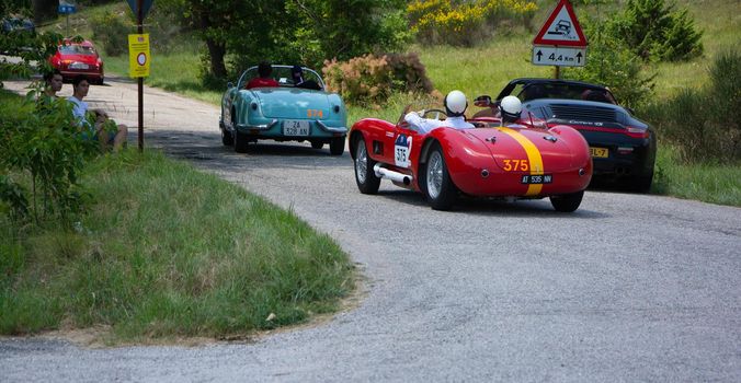 URBINO - ITALY - JUN 16 - 2022 : MASERATI 150 S 1955 on an old racing car in rally Mille Miglia 2022 the famous italian historical race (1927-1957