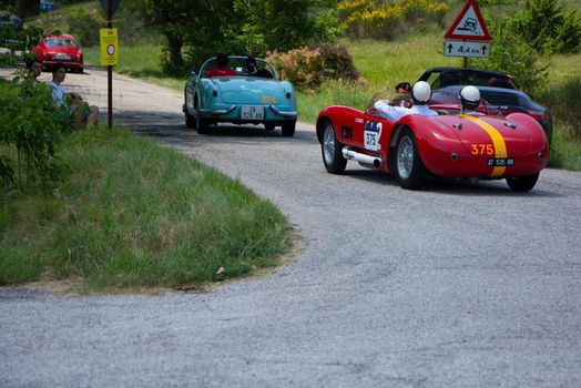 URBINO - ITALY - JUN 16 - 2022 : MASERATI 150 S 1955 on an old racing car in rally Mille Miglia 2022 the famous italian historical race (1927-1957