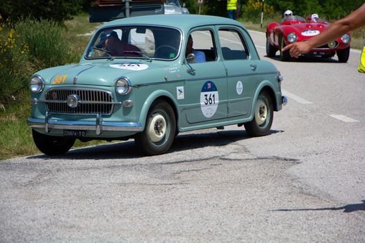 URBINO - ITALY - JUN 16 - 2022 : FIAT 1100/103 BERLINA 1956 on an old racing car in rally Mille Miglia 2022 the famous italian historical race (1927-1957