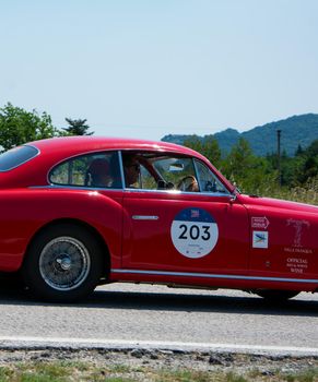 URBINO - ITALY - JUN 16 - 2022 : FERRARI 195 INTER COUPE GHIA 1951 on an old racing car in rally Mille Miglia 2022 the famous italian historical race (1927-1957