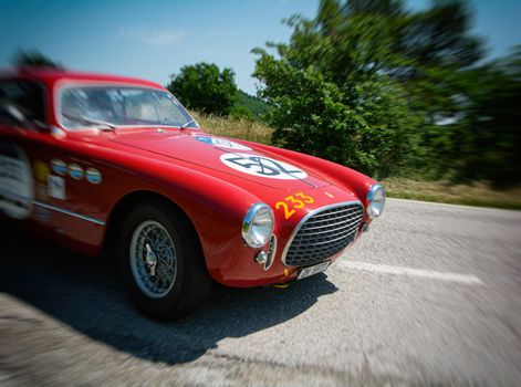 URBINO - ITALY - JUN 16 - 2022 : FERRARI 195 INTER COUPE GHIA 1951 on an old racing car in rally Mille Miglia 2022 the famous italian historical race (1927-1957