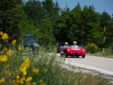 URBINO - ITALY - JUN 16 - 2022 : O.S.C.A. MT4 1350 2AD 1955 on an old racing car in rally Mille Miglia 2022 the famous italian historical race (1927-1957 on an old racing car in rally Mille Miglia 2022 the famous italian historical race (1927-1957