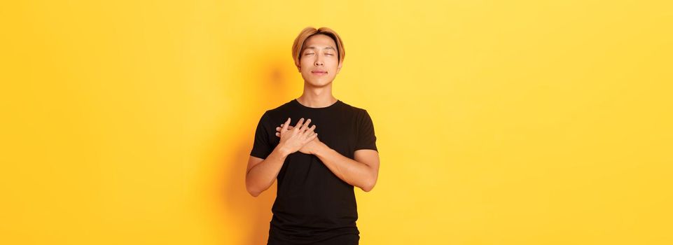 Portrait of touched handsome asian guy holding hands on heart and smiling flattered, yellow background.