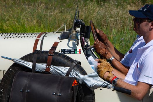 URBINO - ITALY - JUN 16 - 2022 : LANCIA LAMBA V SERIE CASARO 1925 on an old racing car in rally Mille Miglia 2022 the famous italian historical race (1927-1957