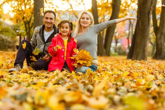 A Family enjoying golden leaves in autumn park.