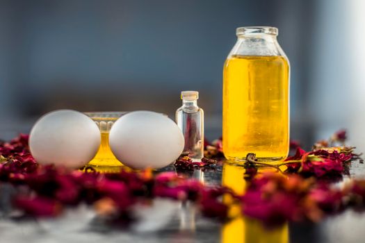 Trio pack of herbs and ingredients to fight dandruff on the wooden surface well mixed in a glass bowl which are castor oil, coconut oil, and egg. Also used to treat itchiness and to deep condition.
