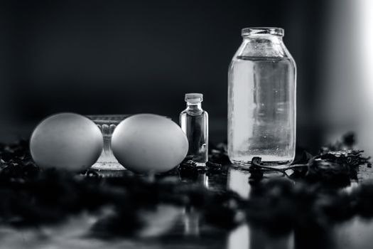 Trio pack of herbs and ingredients to fight dandruff on the wooden surface well mixed in a glass bowl which are castor oil, coconut oil, and egg. Also used to treat itchiness and to deep condition.