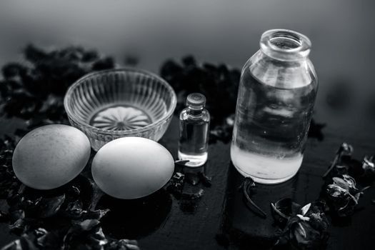 Trio pack of herbs and ingredients to fight dandruff on the wooden surface well mixed in a glass bowl which are castor oil, coconut oil, and egg. Also used to treat itchiness and to deep condition.