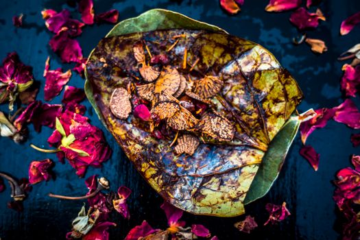 Close up of Famous Indian traditional masala pan or meetha pan on black surface with some rose water consisting of coated sauf,supari,sweeteners and some coconut powder.