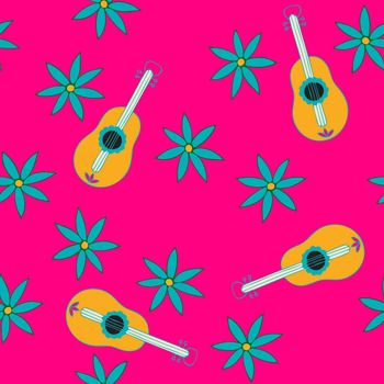 Seamless Repeat Pattern with Flowers and Guitar on Pink background. Hand drawn fabric, gift wrap, wall art design.