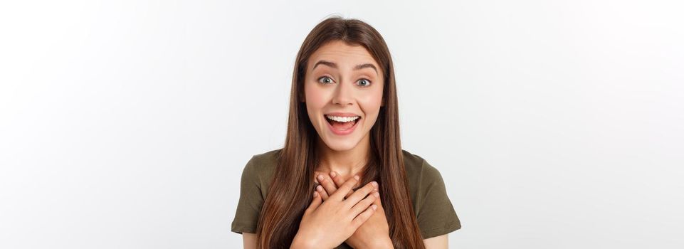 Portrait joyful outgoing woman likes laugh out loud not hiding emotions giggling chuckling facepalm close eyes smiling broadly white background.