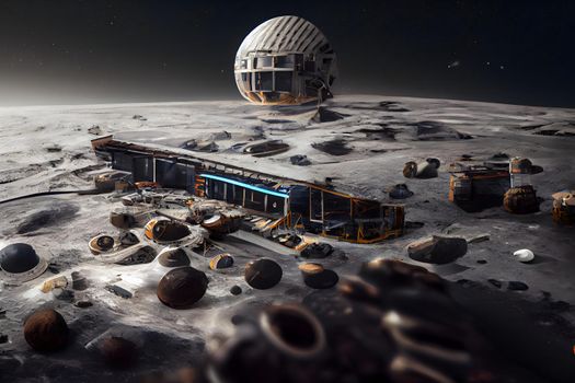 future moon base structures, neural network generated art. Digitally generated image. Not based on any actual scene or pattern.