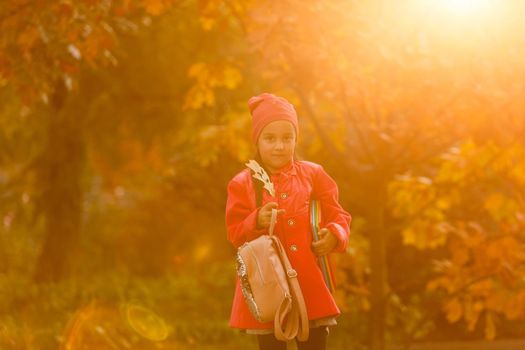 Portrait of a cute little girl posing at the autumn park.