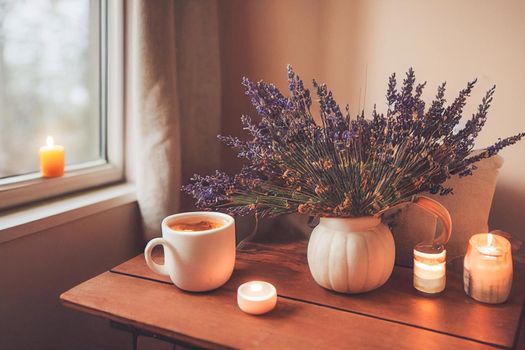 3D render of Autumn hygge home decor arrangement, concept of hygge and coziness, burning white fragrance candle on tray and lavender branches in a bottle vase on table at cozy home