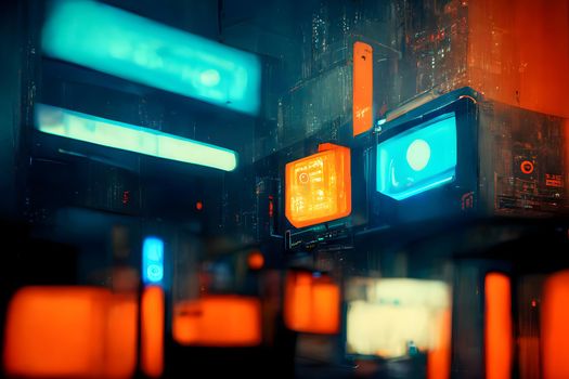 abstract teal-orange hight-tech cyberpunk background, neural network generated art.