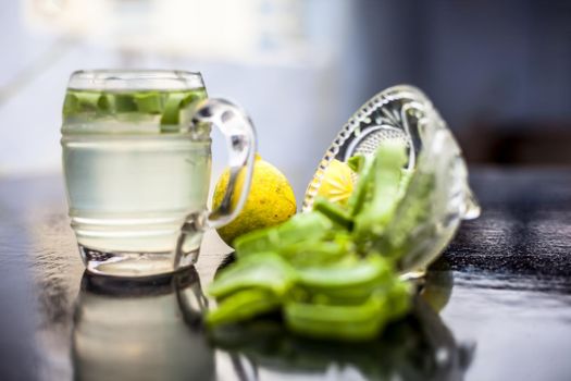 Close up of glass mug on wooden surface containing aloe vera and lemon juice detox drink along with its entire raw ingredients with it. Horizontal shot with blurred background.