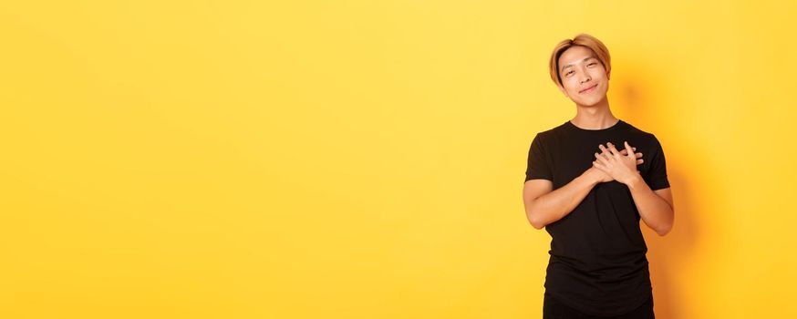 Portrait of touched handsome asian guy holding hands on heart and smiling flattered, yellow background.