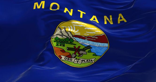Close-up view of the Montana state flag waving. Montana is a state in the Mountain West subregion of the Western US. Fabric textured background
