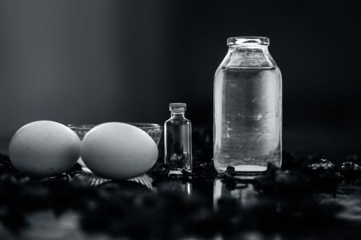 Trio pack of herbs and ingredients to fight dandruff on the wooden surface well mixed in a glass bowl which are castor oil, coconut oil, and egg. Also used to treat itchiness and to deep condition.