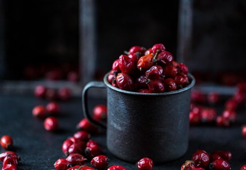 Rosehip in the cup. Benefits and used as a natural remedy. Natural therapy. dark mode style.