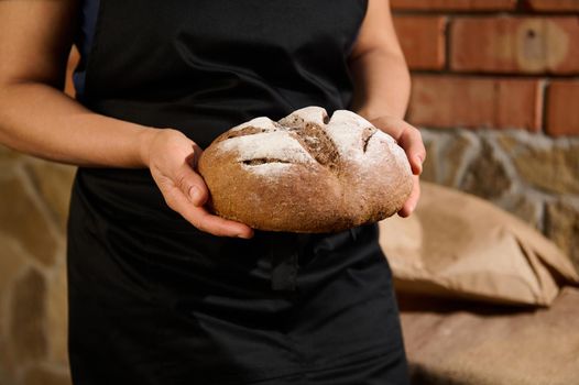 Cropped view of a housewife, a female baker in black chef's apron holding a loaf of fresh baked warm whole grain wheat bread in her hands, standing against a brick wall background. Baking concept