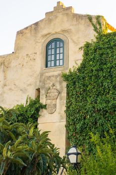 Ancient, entwined with greenery Forte de Sao Clemente in Vila Nova de Milfontes on the Sunset