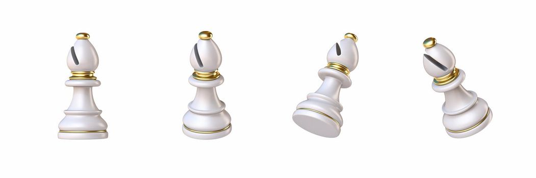 White chess Bishop in four different angled views 3D rendering illustration isolated on white background