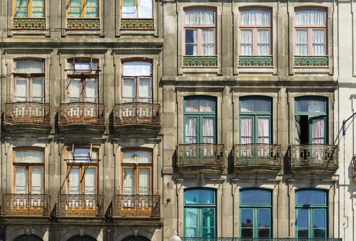 Architecture with facade of Houses Ribeira District, Porto , Portugal