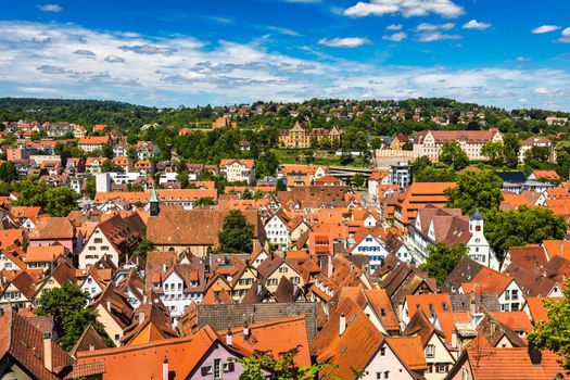 Picturesque town of Tuebingen with colourful half-timbered houses, crossed by the river Neckar. Houses at river Neckar and Hoelderlin tower, Tuebingen, Baden-Wuerttemberg, Germany. Tubingen, Germany. 