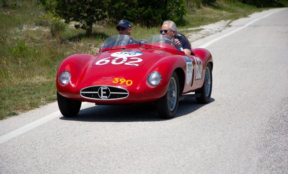 URBINO - ITALY - JUN 16 - 2022 : ERMINI 357 SPORT 1500 SCAGLIETTI 1955 on an old racing car in rally Mille Miglia 2022 the famous italian historical race (1927-1957