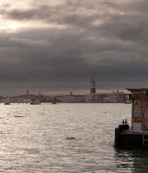 View of the St Mark's Campanile on the cloudy sky, Venice