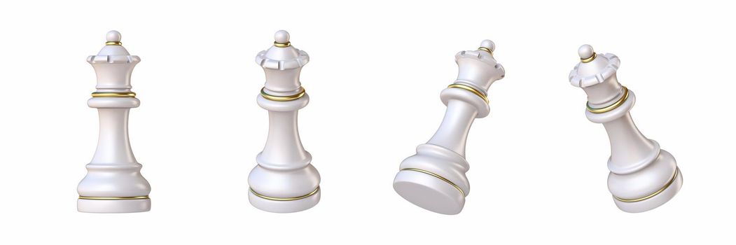 White chess Queen in four different angled views 3D rendering illustration isolated on white background