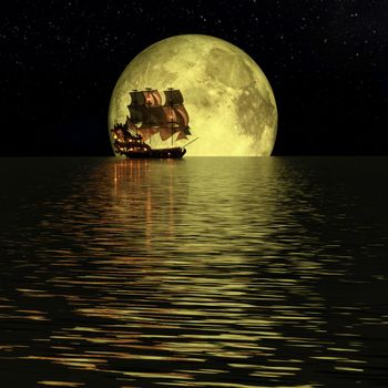 Lonely pirate sail ship in a calm ocean, full yellow moon, and stars - 3d rendering