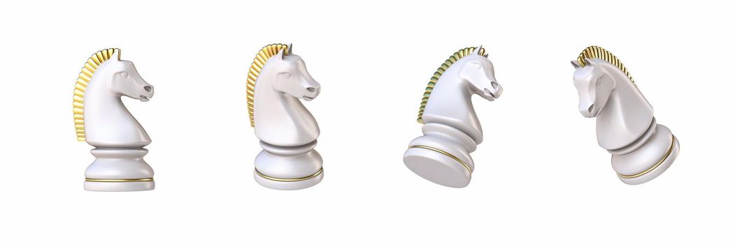 White chess Knight in four different angled views 3D rendering illustration isolated on white background