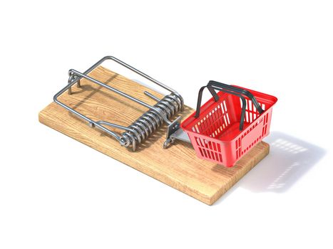 Mousetrap with shopping basket 3D rendering illustration isolated on white background