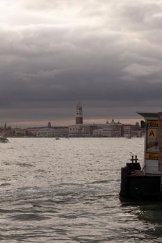 View of the St Mark's Campanile on the cloudy sky, Venice