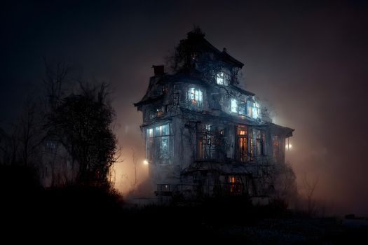 dark haunted house with illuminated windows at spooky misty dark halloween night, neural network generated art. Digitally generated image. Not based on any actual scene or pattern.