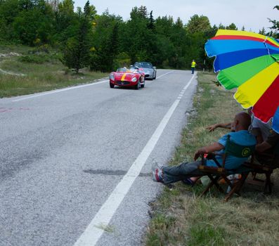 URBINO - ITALY - JUN 16 - 2022 : MASERATI 150 S 1955 on an old racing car in rally Mille Miglia 2022 the famous italian historical race (1927-1957