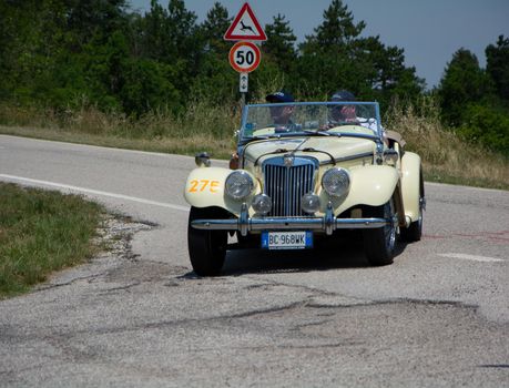 URBINO - ITALY - JUN 16 - 2022 : MG TF 1250 1953 on an old racing car in rally Mille Miglia 2022 the famous italian historical race (1927-1957