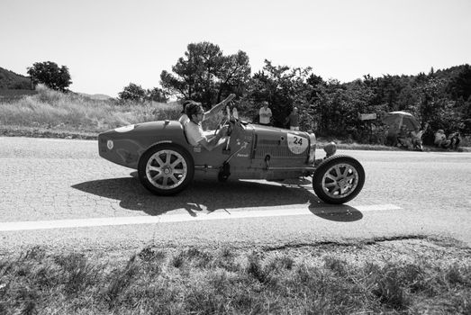 URBINO - ITALY - JUN 16 - 2022 : BUGATTI T37 1927 on an old racing car in rally Mille Mig