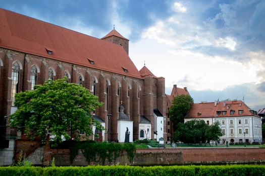 Ancient buildings on Ostrow Tumski at daytime in Wroclaw. High quality photo
