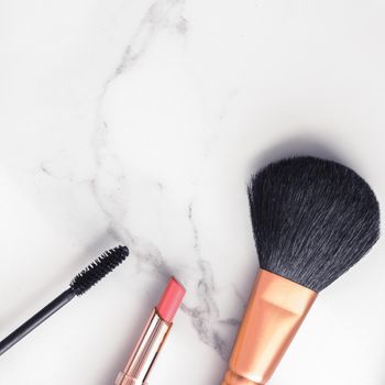 Modern feminine lifestyle, blog background and styled stock concept. Beauty and fashion inspiration - Make-up and cosmetics flatlay on marble