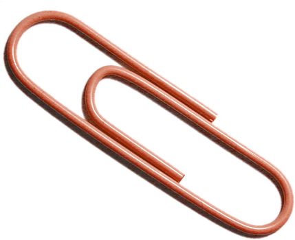 Single brown paperclip diagonally on white in a close up view from above with copy space