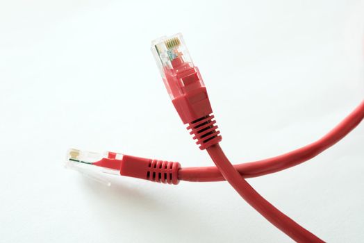 Two loose, red ethernet network cable and plugs isolated on a white background.